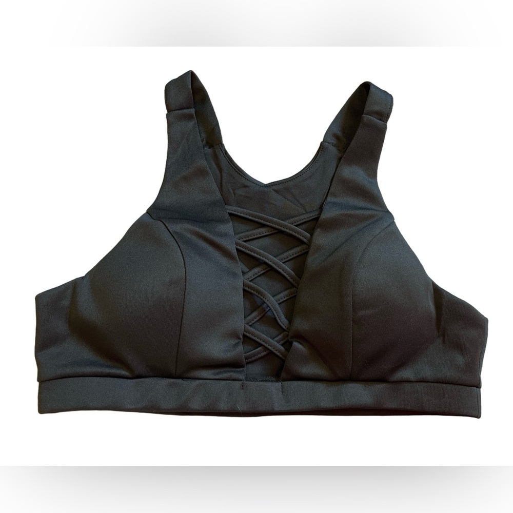 NWT Lunalae “Alexi” black sports bra with criss cross front and razor back sz 12